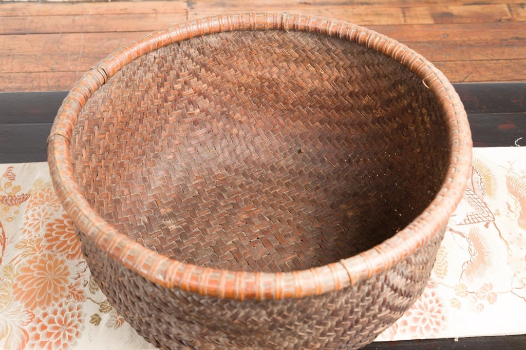 Rustic Chinese Qing Dynasty 19th Century Woven Rattan Round Grain Basket - 7