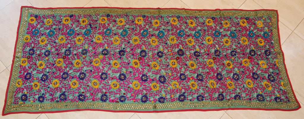 Vintage Suzani Embroidery in Teal Background with Yellow Pink Turquoise - 5