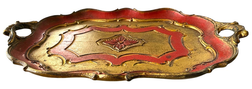 1960s Italian Florentine Gilt & Lacquer Tray - Red & Gold - 14" X 9" - 2