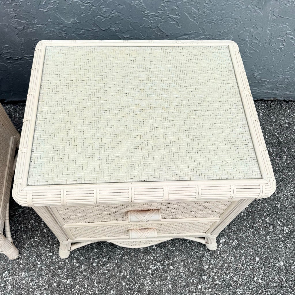 Boho Chic Wicker Glass Top Nightstands - A Pair - 8