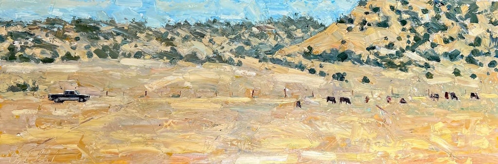 Taking Care of Business by Clyde Steadman | Oil on panel Landscape with cattle and a truck.: In "Taking Care of Business," a vast, sunlit landscape unfolds, showcasing a rural scene where figures and livestock engage in daily tasks against a backdrop of rolling hills. The textured