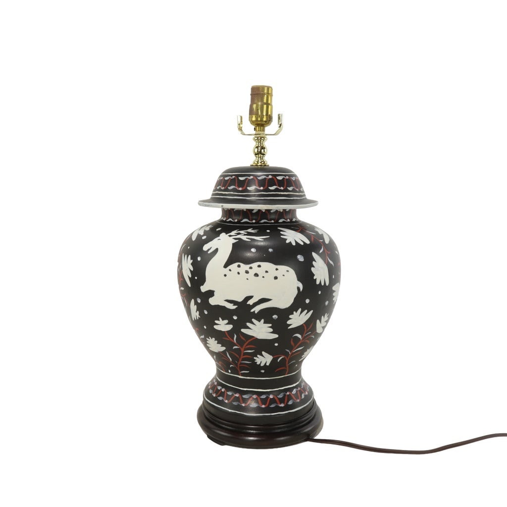 A Pair of Vintage Brunschwig & Fils Cadiz Table Lamps - Black and Cream Ceramic With Boar and Deer M - 3