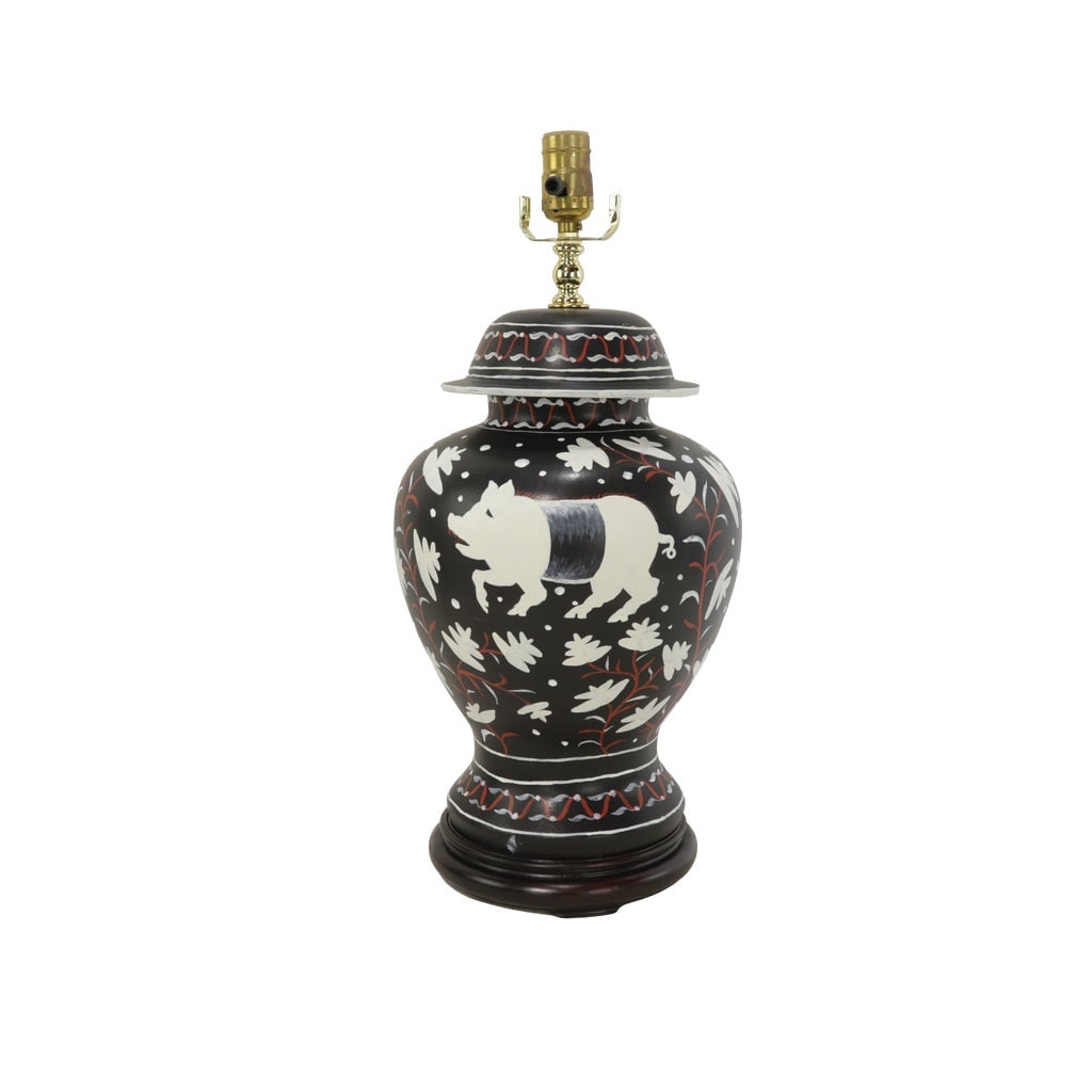A Pair of Vintage Brunschwig & Fils Cadiz Table Lamps - Black and Cream Ceramic With Boar and Deer M - 4
