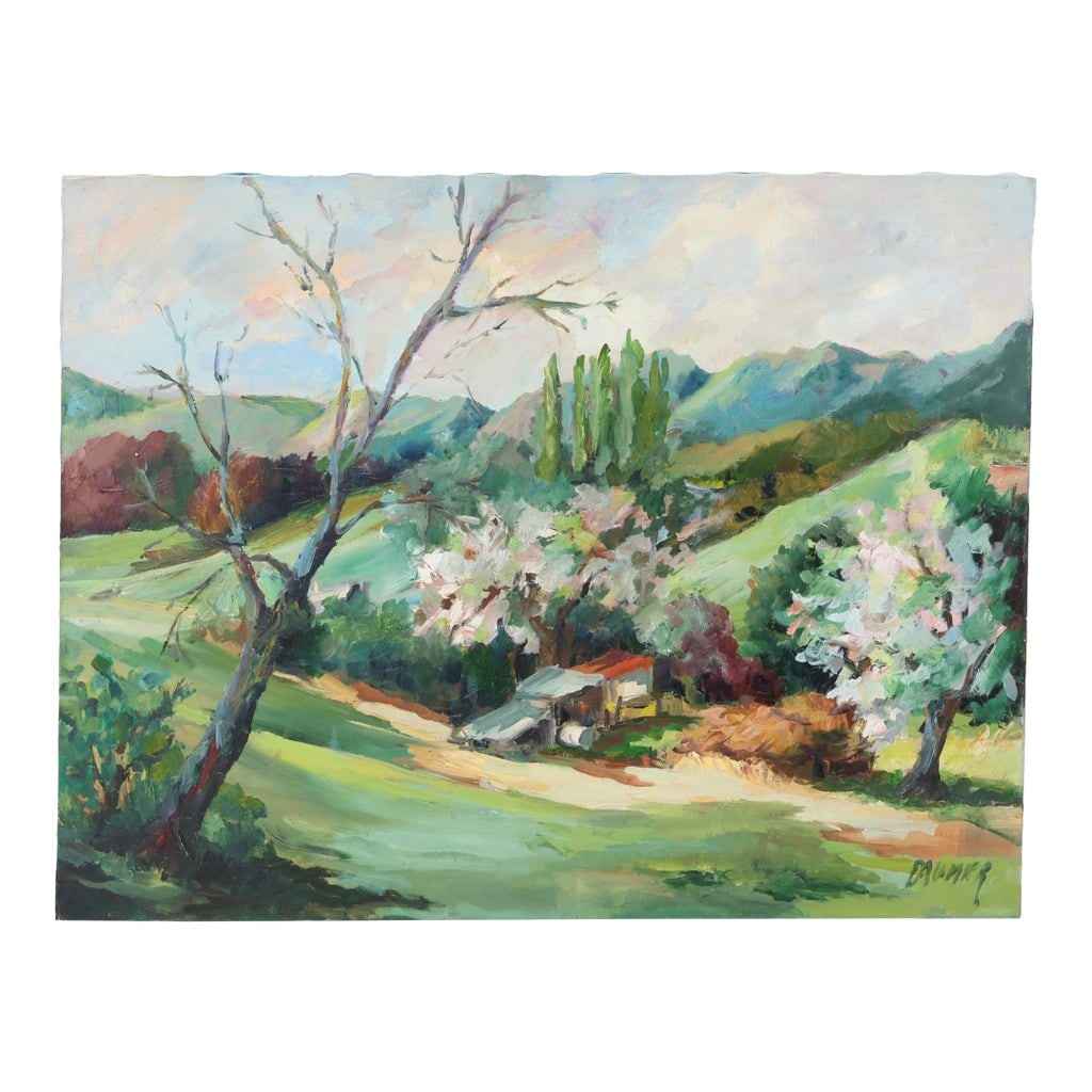 Liliane Paumier French Spring Landscape Oil Painting: Original work by French artist Liliane Paumier (born 1947), a recognized Normandy painter whose landscapes, coastal scenes, village views, and floral still lifes have been exhibited throughout