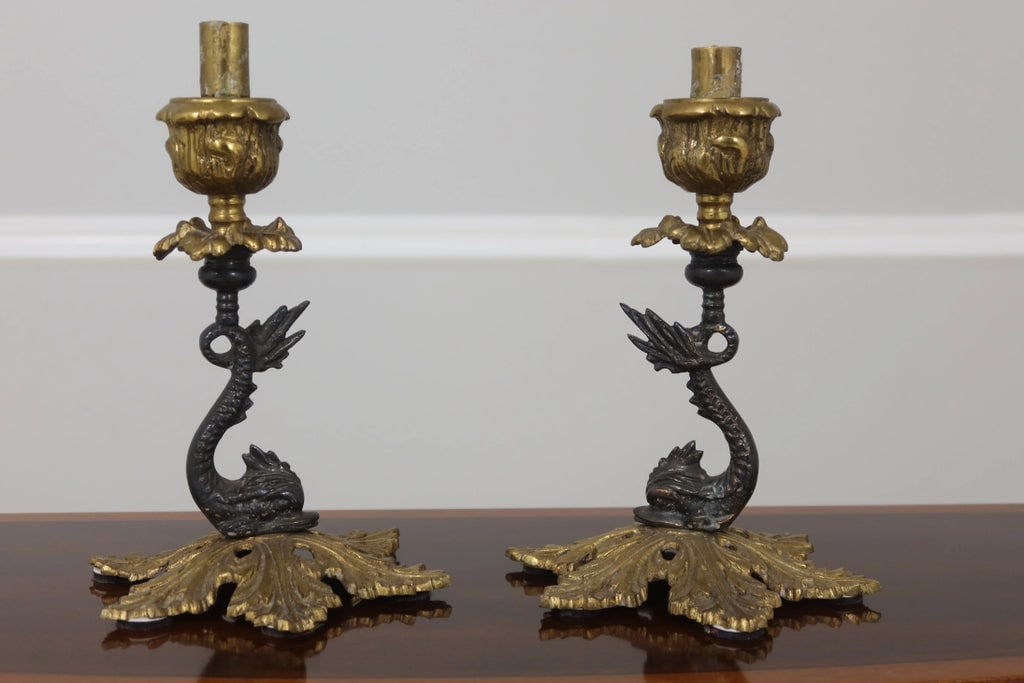 Pair Dolphin Base Brass Neoclassical Candlesticks - 7