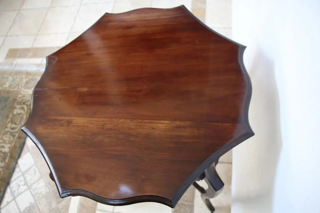 1900s Antique Mahogany Scallop Top Wood Table With Bottom Shelf - 7