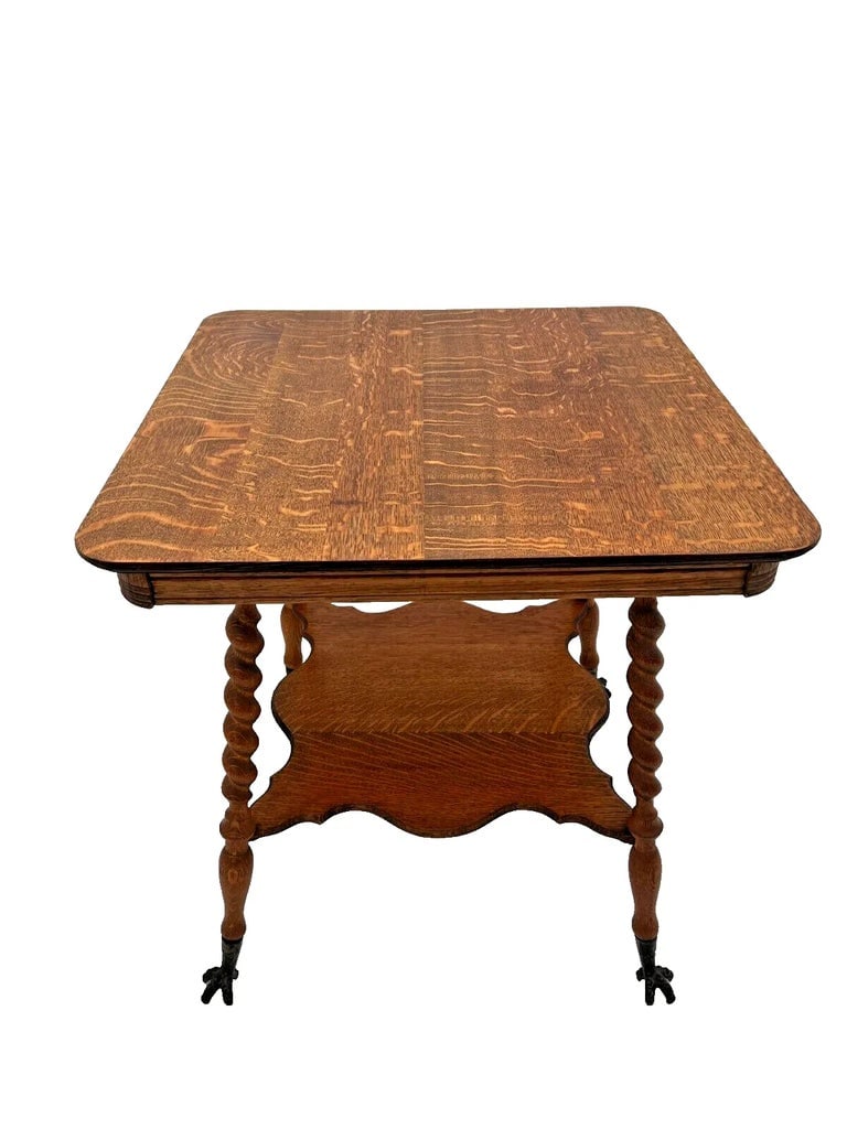 Antique Victorian Table Bottom Shelf Oak Barley Twist Legs Glass Ball Claw Feet - 3