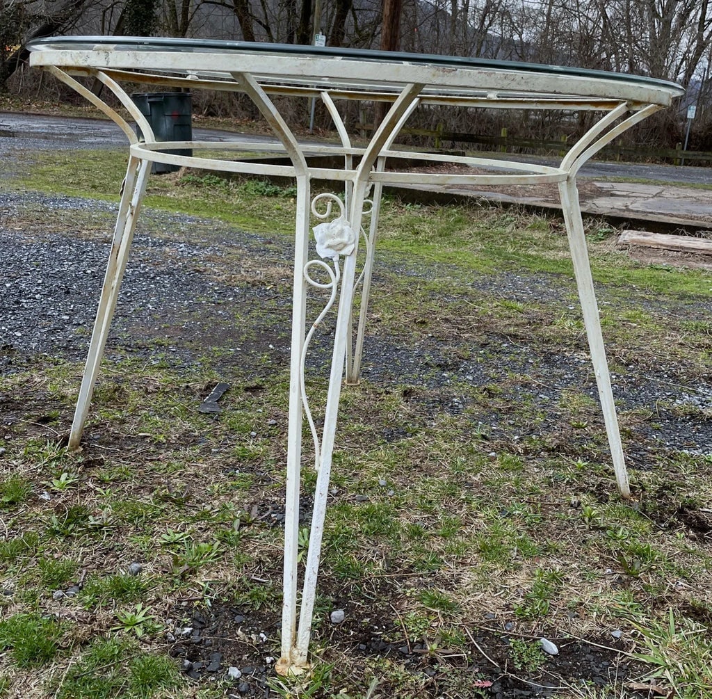 Mid 20th Century Rose & Vine Pattern Wrought Iron Round Glass Top Dining Table - 9