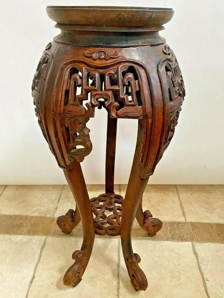 Antique Tall Plant Stand French Polynesian Lattice Carved Display Bottom Shelf - 4