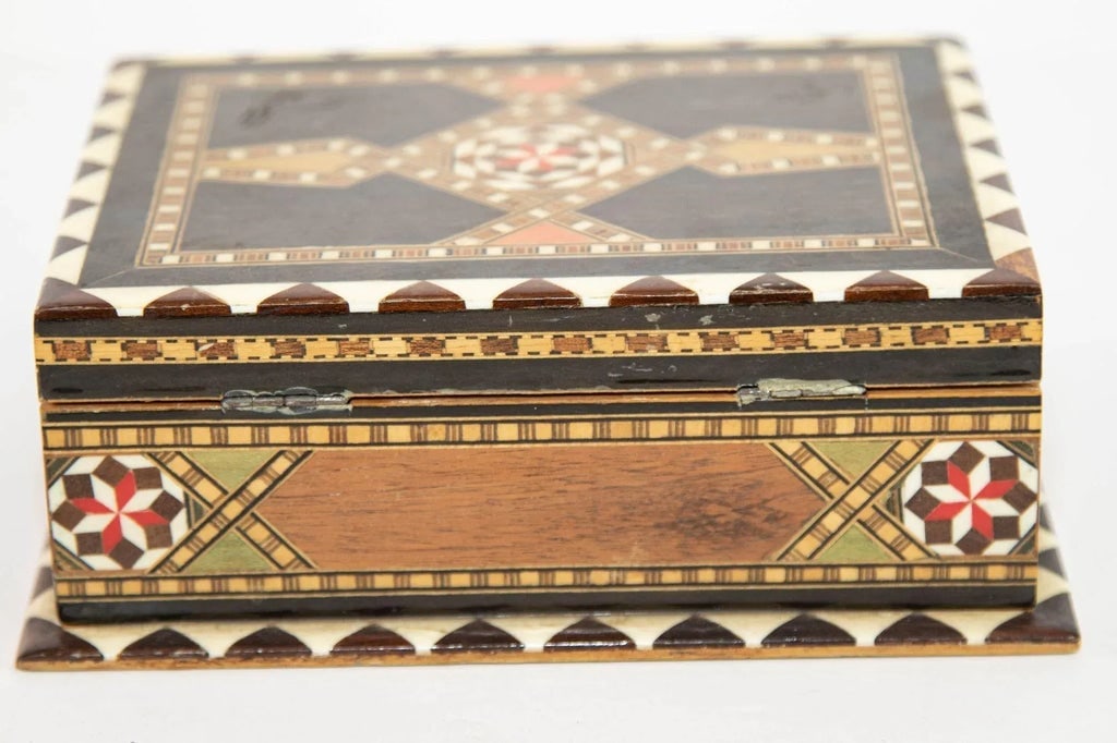 Moorish Wood Box Islamic Marquetry Mosaic Art Granada Spain Khatam Decor 1940s - 7