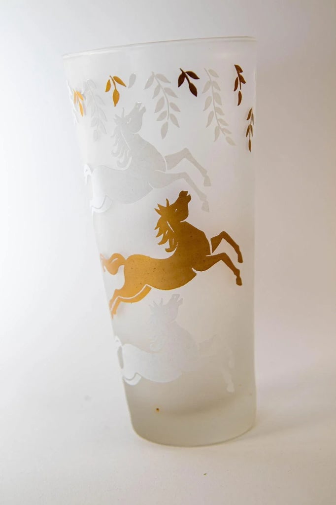 1950 Tumbler Frosted Drink Glasses Cavalcade by Libbey Galloping Horse Set of 5 - 8