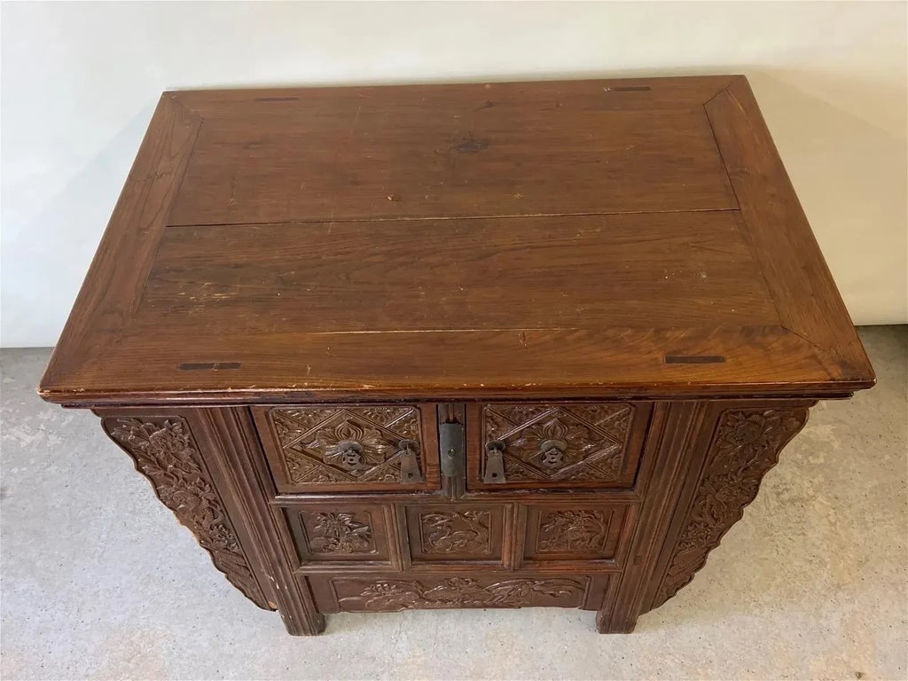 Late 19th Century Antique Chinese Qing-Style Elm Wood Carved Cabinet - 5