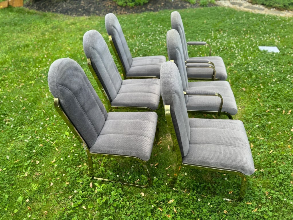 Postmodern Vintage Hollywood Regency Brass Upholstered Dining Chairs- Set of 6 - 2