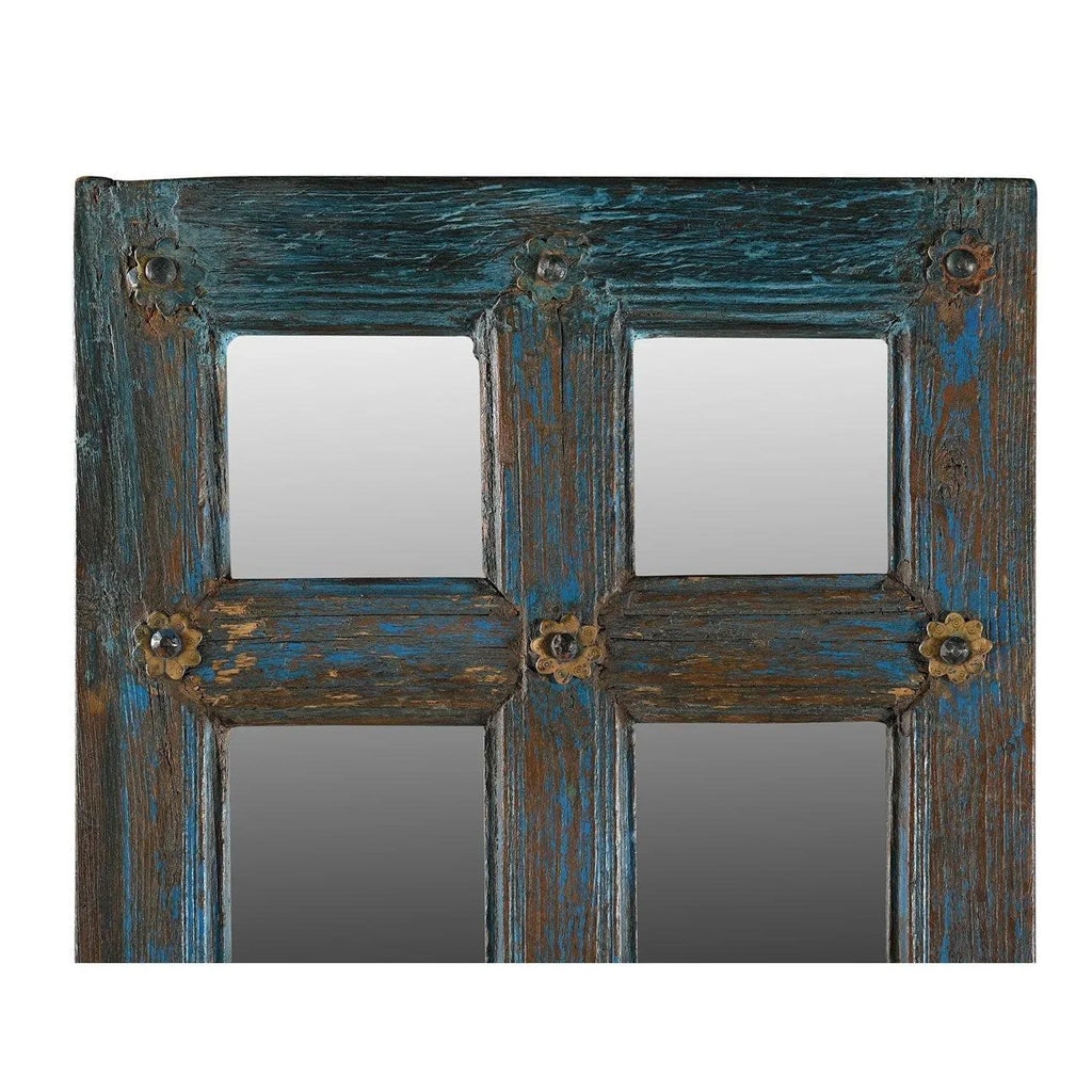 Vintage Distressed Blue Teak Wood Narrow Door With Mirror - 3
