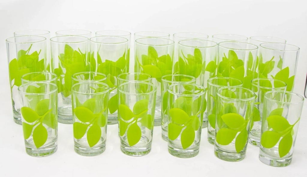 Green Leaf Organic Pattern Drinking Glasses Barware Tumblers Set of 26 - 3