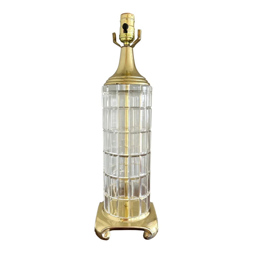 Vintage Dresden Hollywood Regency Crystal and Brass Column Table Lamp: Stunning Dresden Hollywood Regency Style Lamp. Features a geometric shape on crystal similar to Tiffany Co.'s or Baccarrat's pattern. Brass top and base with elegant curves. Acid etched with maker