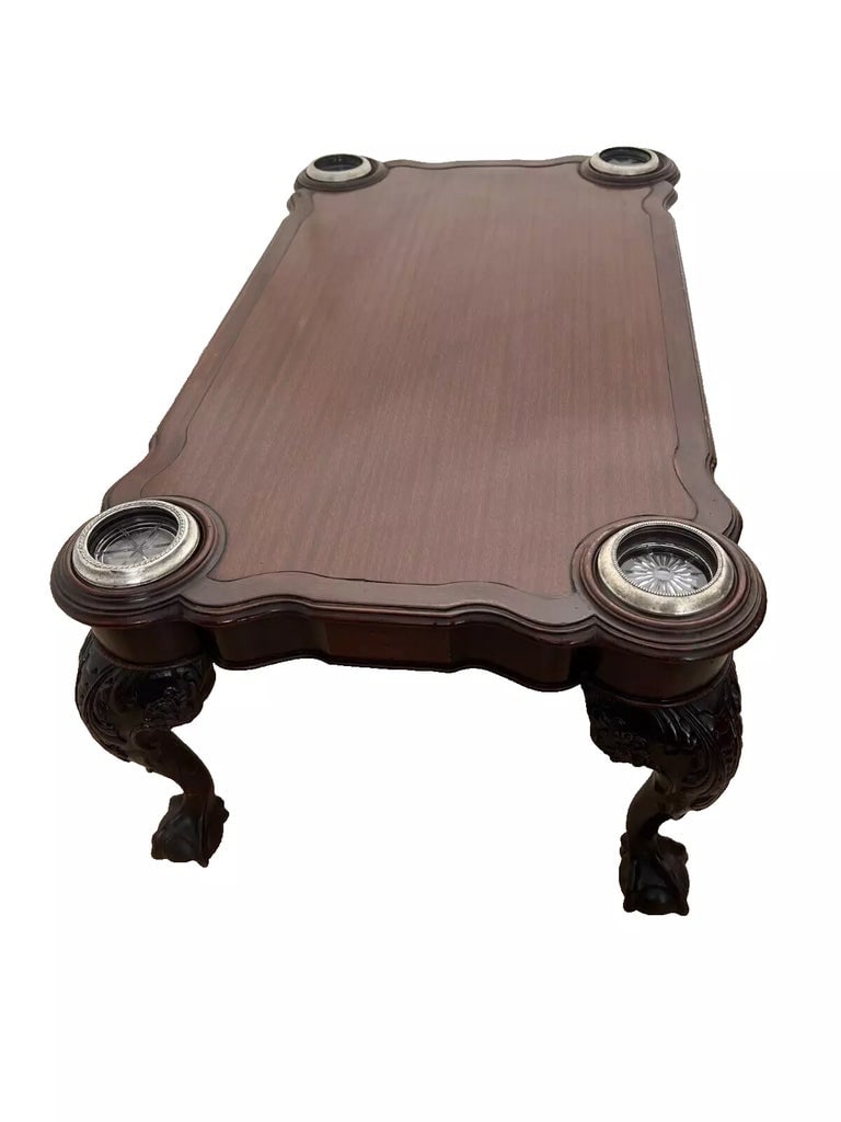 1920s Antique Cocktail Coffee Table Ball Claw Legs Mahogany Silver Rim Coasters - 6