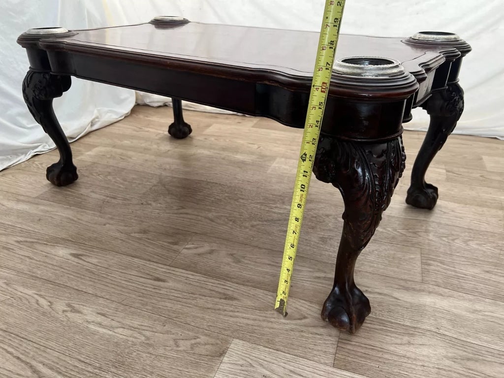 1920s Antique Cocktail Coffee Table Ball Claw Legs Mahogany Silver Rim Coasters - 8