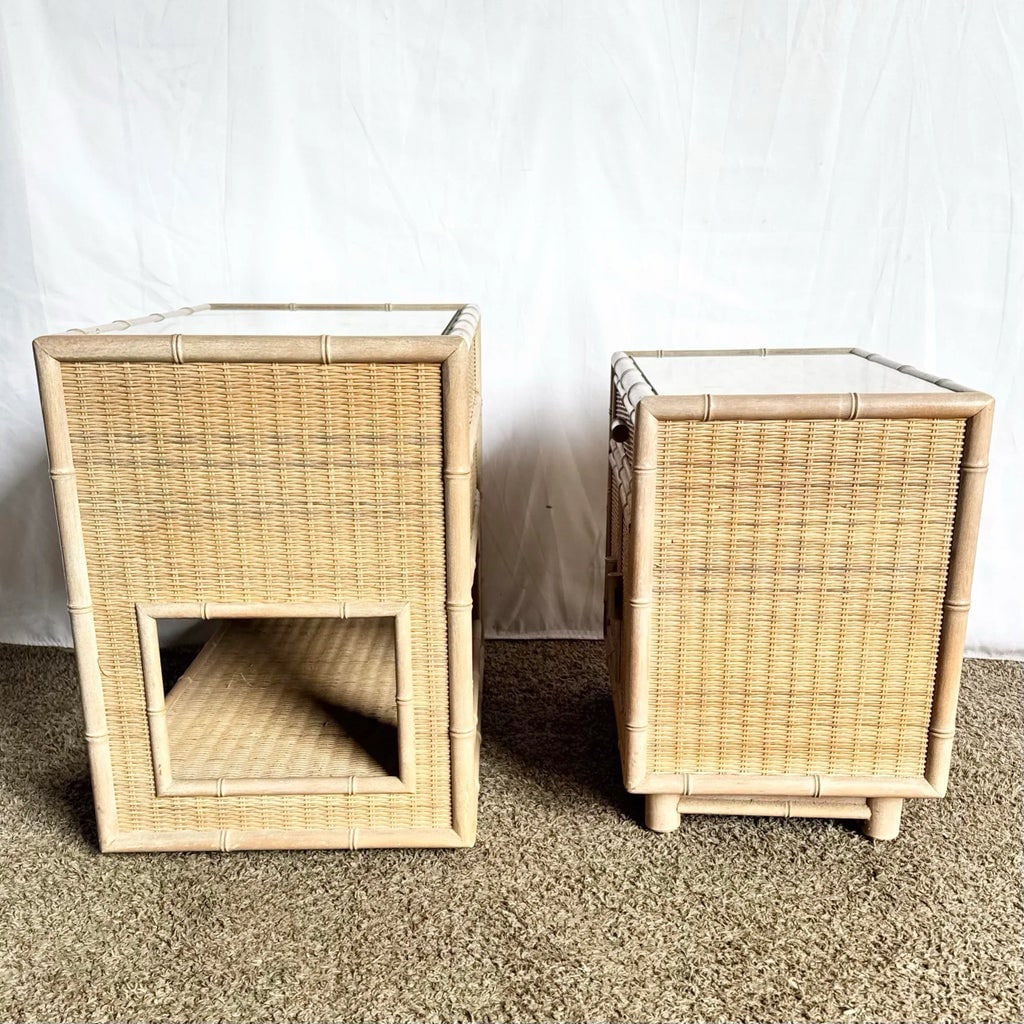 Boho Chic Coastal Faux Bamboo Wicker Glass Top Table on Casters and Nightstand- Set of 2 - 5