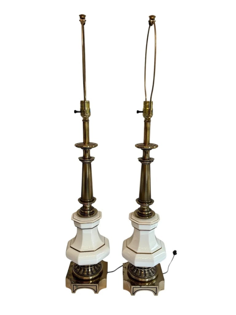 Mid 20th Century Stiffel Brass and White Porcelain Lamp - A Pair - 2