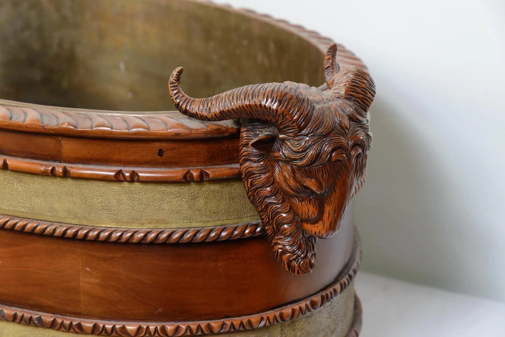 Wine Bottle Cooler, Mahogany & Brass Ram Heads, 1920s - 8