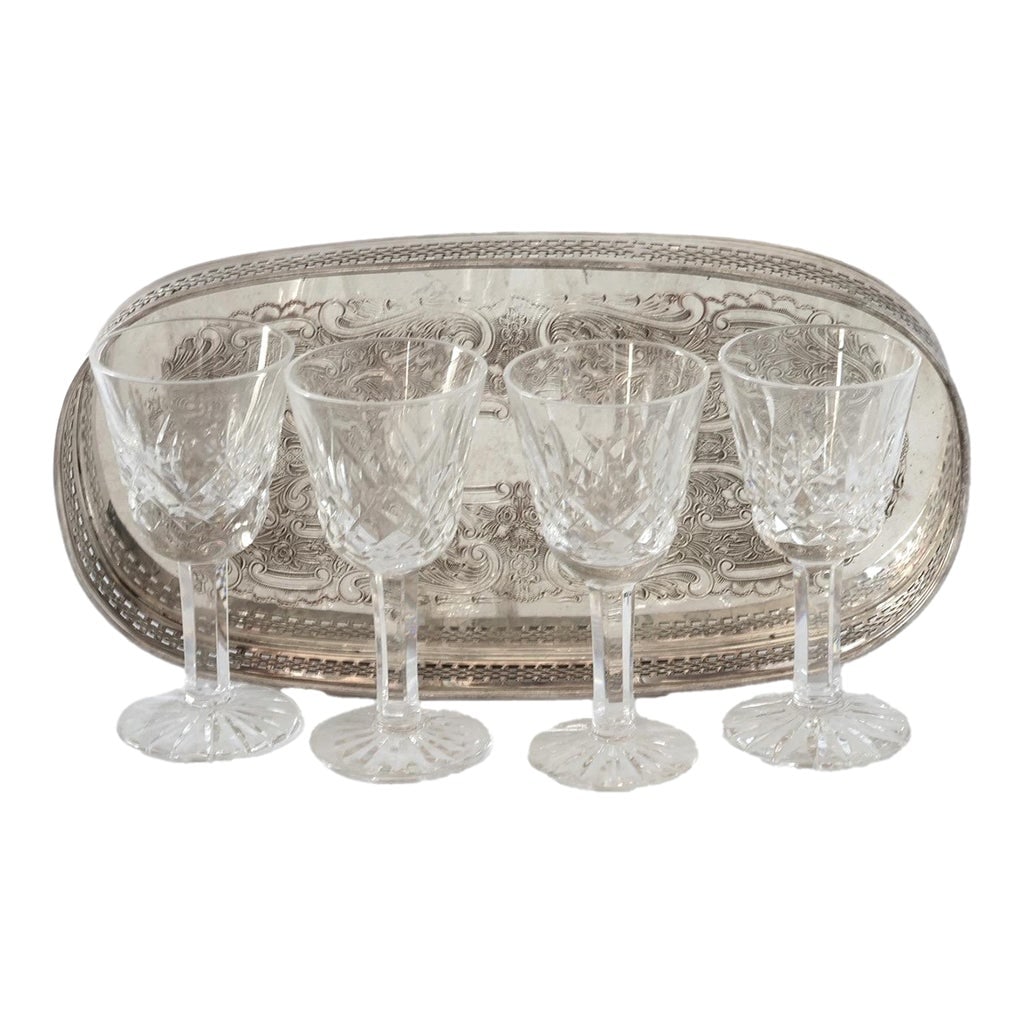 Petite English Bar Tray W/ Waterford Crystal Cordials: Lovely set featuring a petite English silverplate tray with ornate engraving, paired with four brilliant-cut Waterford crystal cordial glasses. Each glass is marked and showcases Waterford's renowned