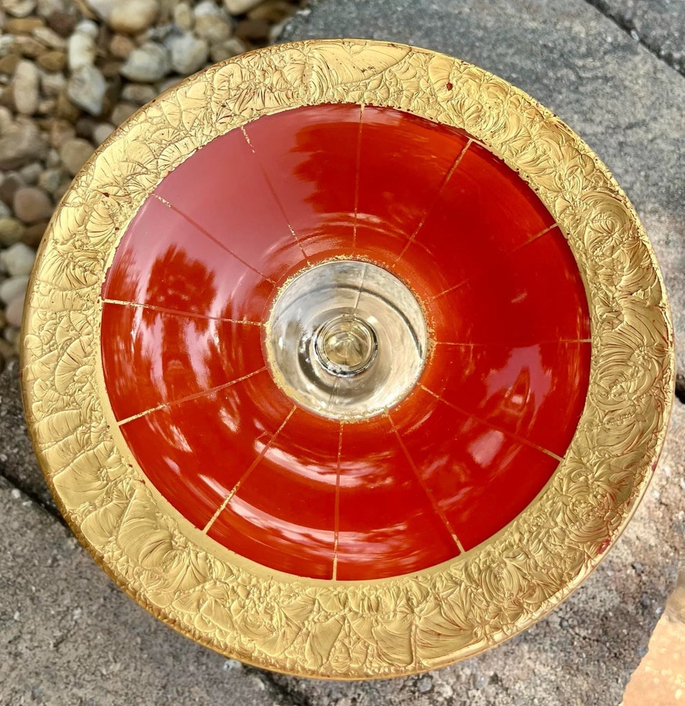 Early 20th Century Art Deco Orange & Gold Pedestal Glass Compote Dish - 3