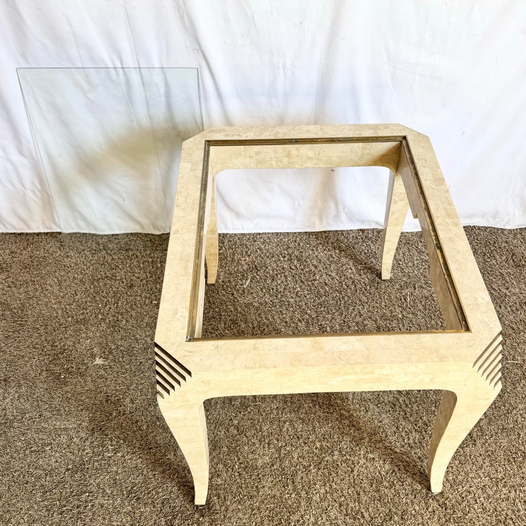 Postmodern Tessellated Stone and Brass Glass Top Side Table - 7