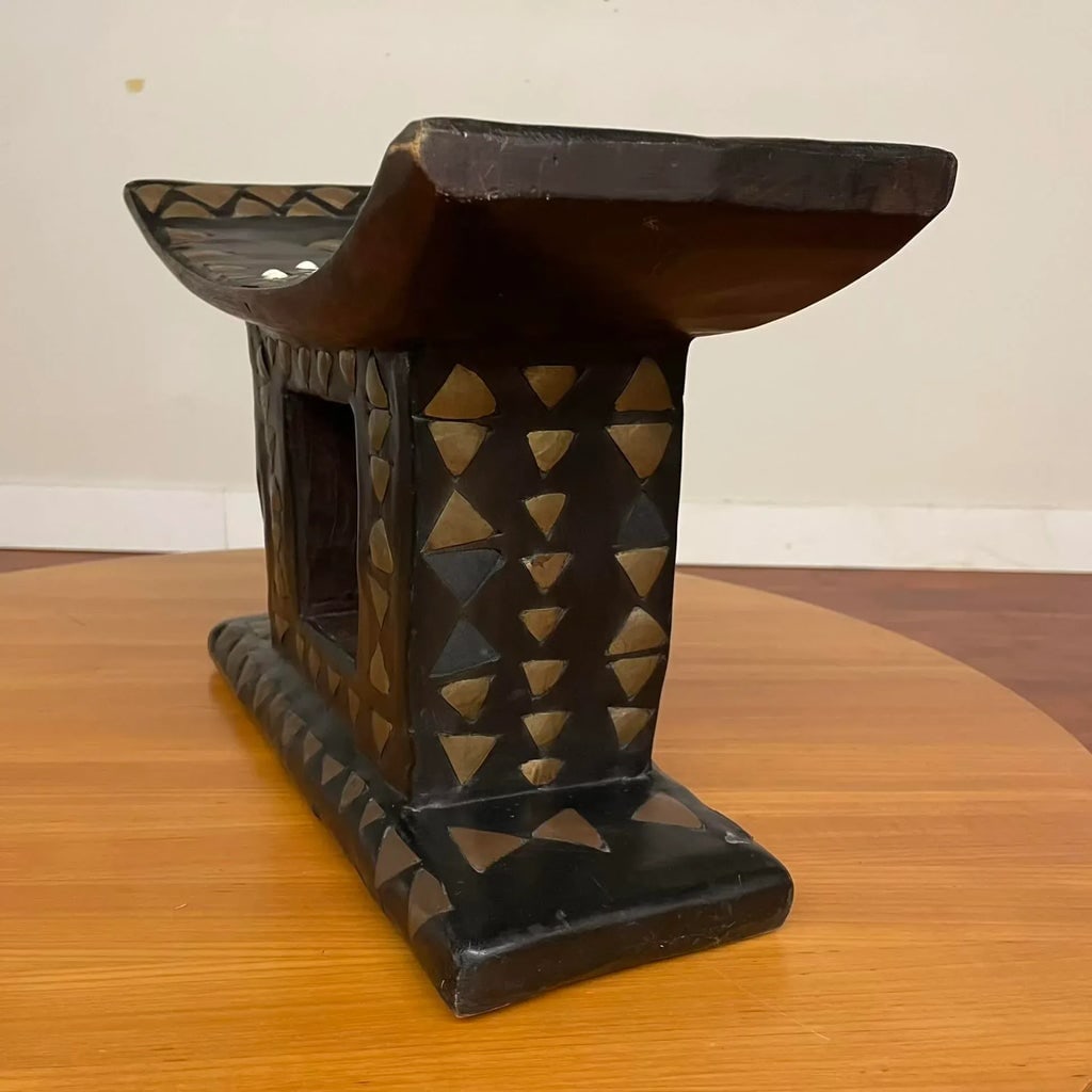 Hand-Carved African Ashanti Stool With Brass Inlay - 7