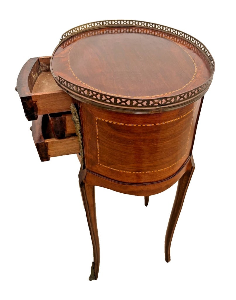 1920s Oval Accent Table Nightstand Three Drawers, Inlays, Brass Accents French Style - 7