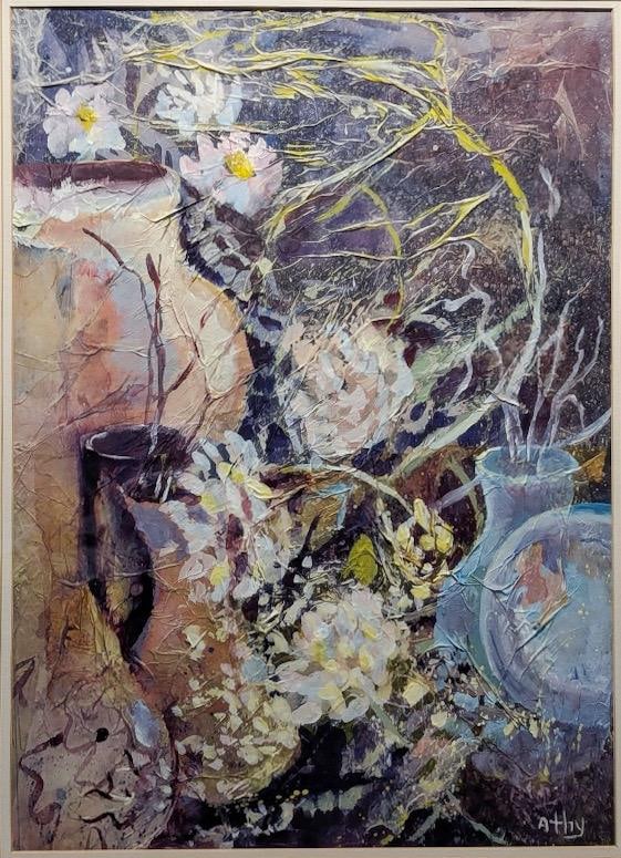 Late 20th Century Original Athy Mixed Media Decoupage Still Life Floral Painting - 3