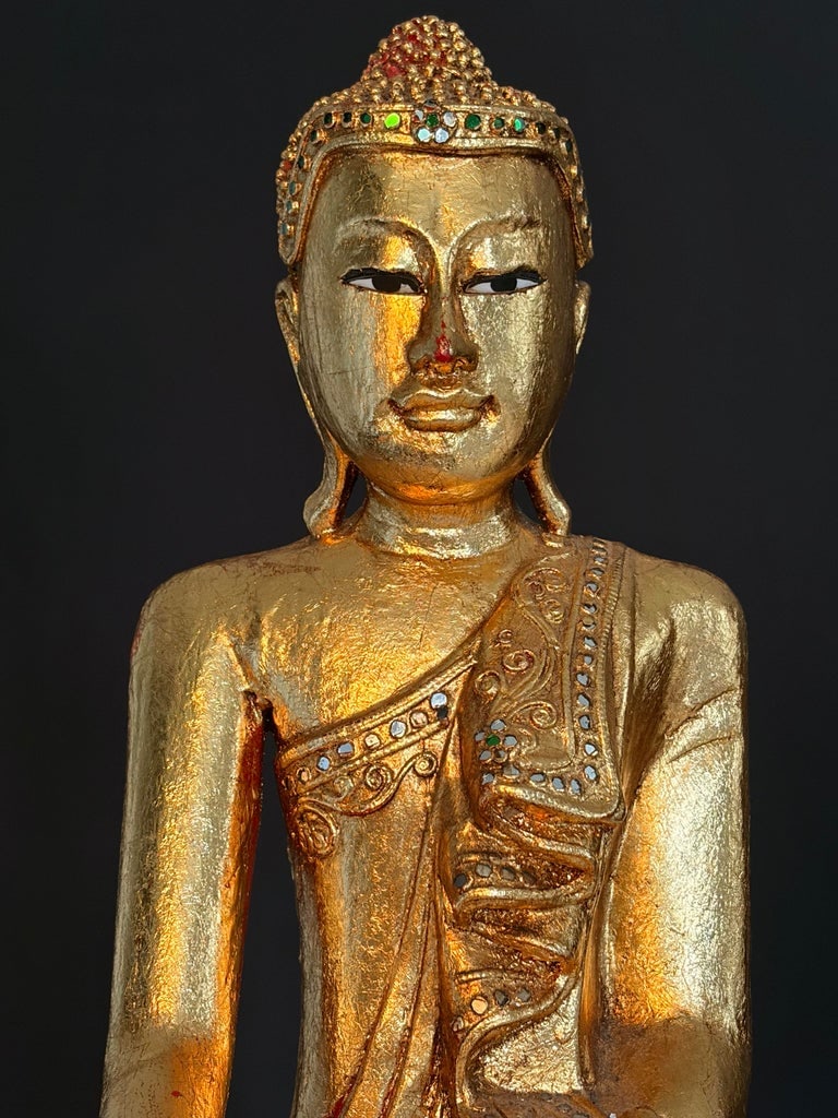 Vintage Carved Burmese Giltwood Seated Buddha With Sequin Accents - Lotus Style - 3