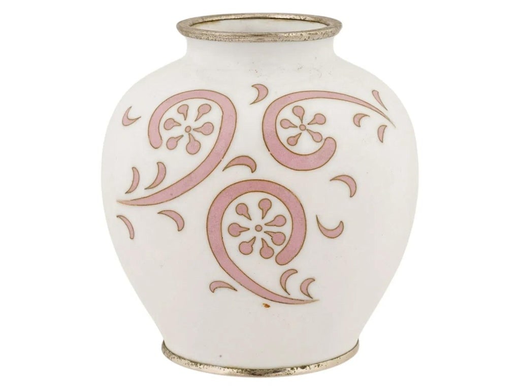 Japanese Cloisonne Enamel Vase Ando School Pink White Minimalist - 3