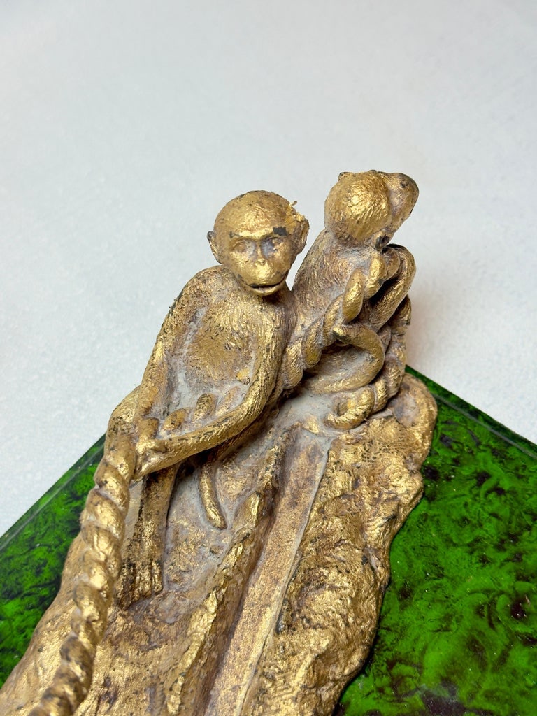 Mid Century "Monkey Business" Hand Gilt Faux Malachite Paper Weight / Card Holder Newly Painted - 6