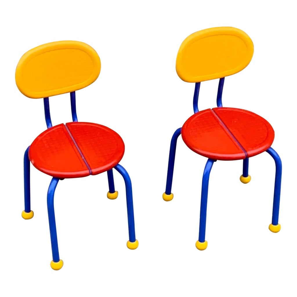 1980s Ikea Memphis Style Puzzle Chairs by Knut & Marianne Hagberg- Set of 2: Vintage IKEA children chair in Memphis style. The chair was designed for IKEA in the 1980s by Knut & Marianne Hagberg and is part of the "Puzzle" series. Both chairs are in used condition (see