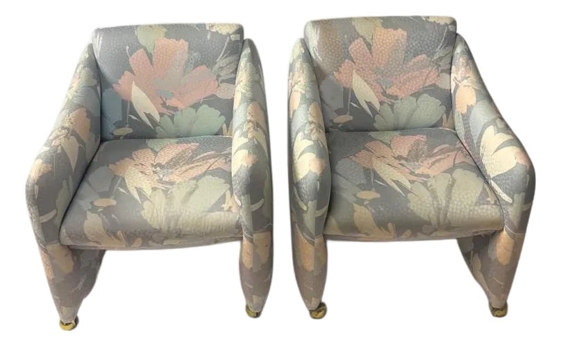 1980s Postmodern Fabric Rolling Chairs: Awesome Pair of 1980s postmodern Flowered fabric chairs on casters Chairs are in decent condition and will add the style needed to jazz up any area Condition: Alterations: Original Condition