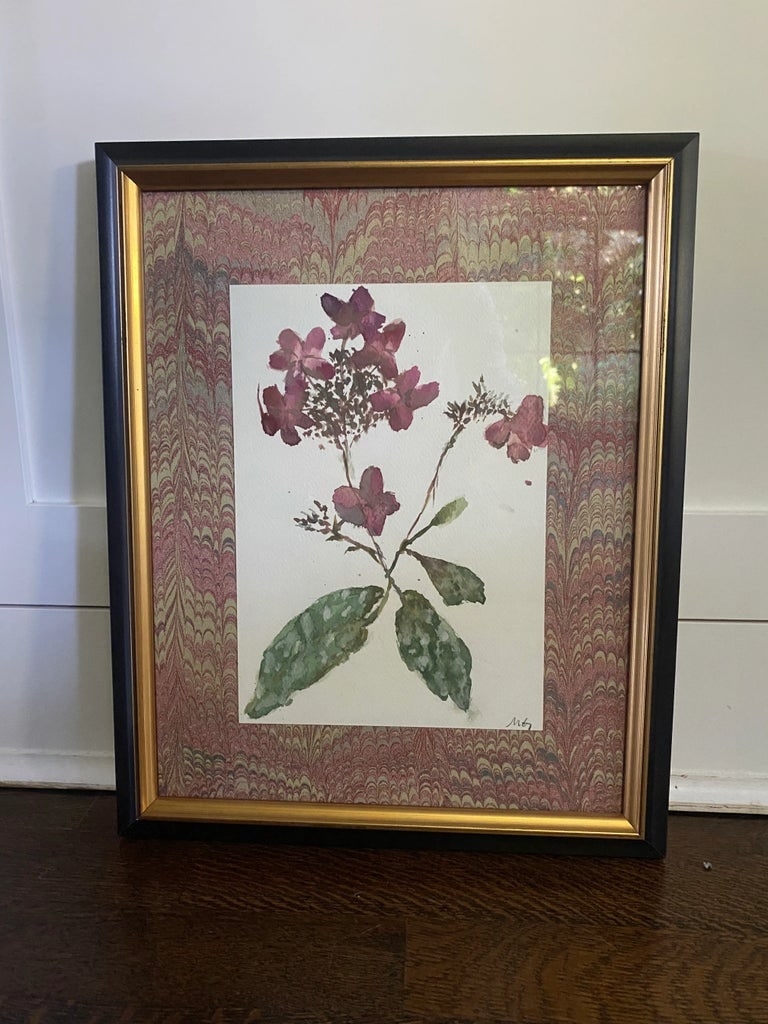 Original Botanical Watercolor With Marble Paper Matting - Hydrangea - 3
