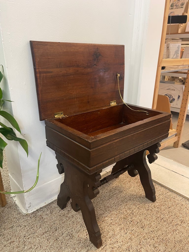 Antique Eastlake Style Decorative Wooden Bench With Hidden Storage Compartment and Ornate Base - 7