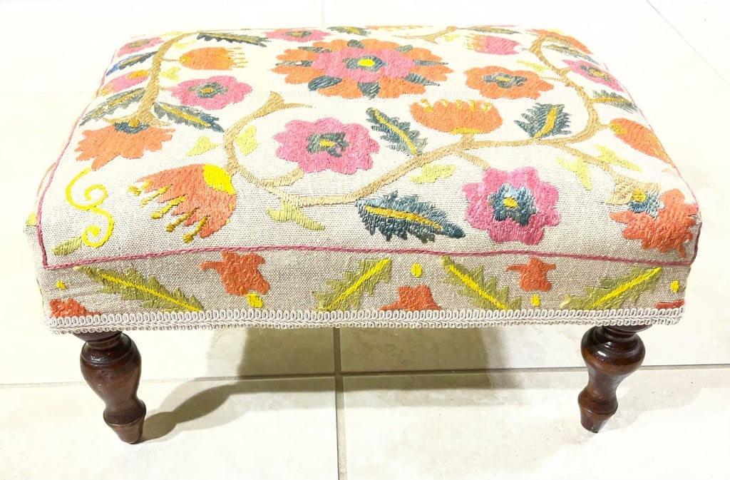 Antique Suzani Embroidered Footstool - Silk Hand-Stitched Needlepoint - 7