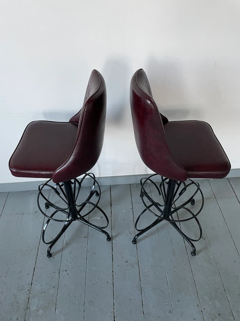 1960s Spanish Revival Barstools Cushy Brown Bucket Chairs With an Iron Scrolled Base - Set of 2 - 7