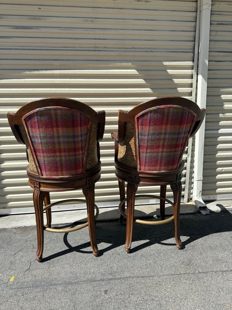 Pair of Century Furniture Savoy Swivel Bar Stools With Leather Seats and Paisley Upholstery - 7
