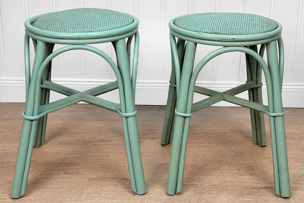 Vintage Coastal Rattan Turquoise Round Wicker Stools - A Pair - 3