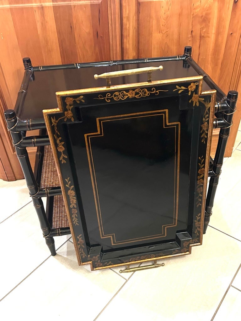 Vintage Chinoiserie Tiered Coffee Table With Serving Tray and Gold Metal Handles, Tiers Lined With W - 2