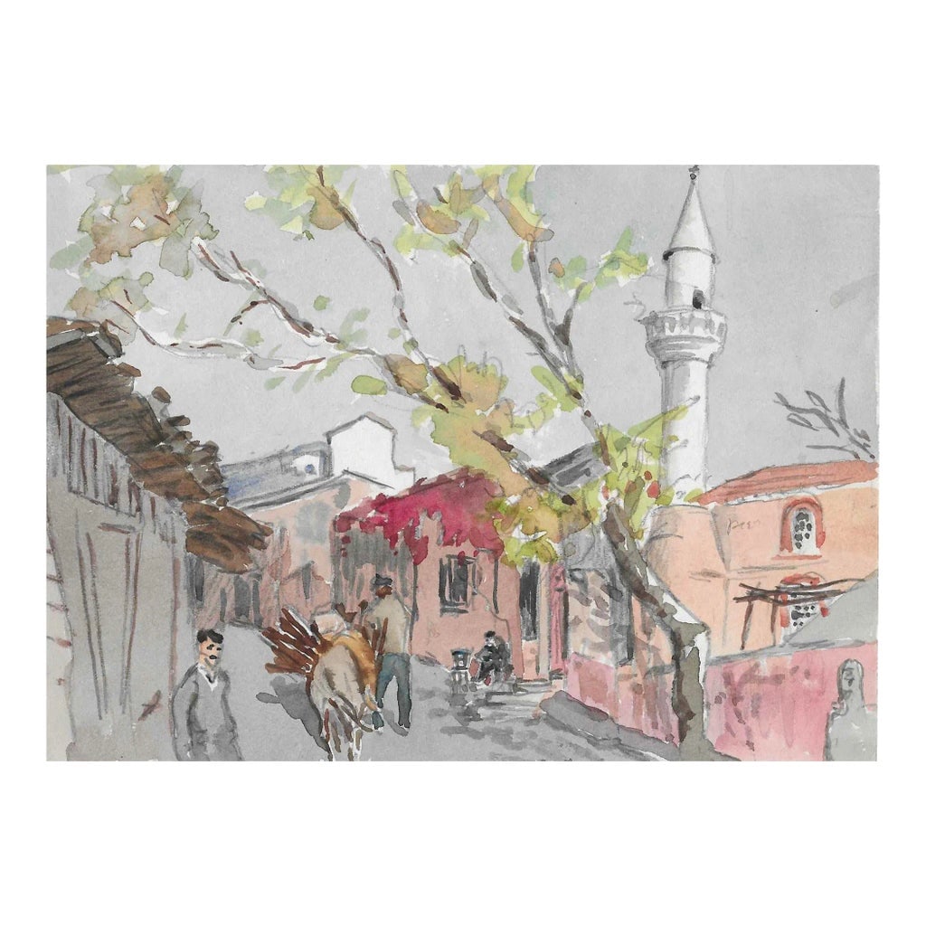 1950s Ivy Attwell Watercolor of Turkey: Painting by English artist Ivy Attwell (1895-1985). Attwell traveled extensively all over the world and recorded her travels from the 1950s until about 1980. Turkish City with Minaret, circa 1950s