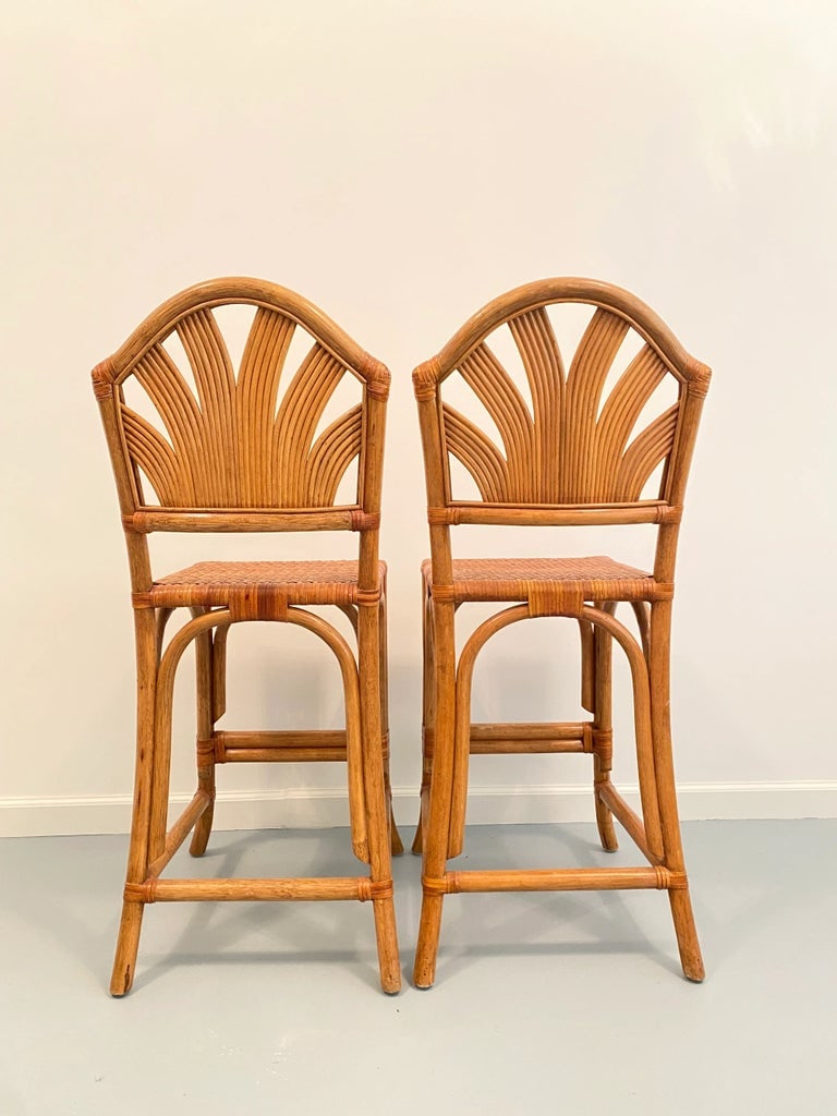 Mid 20th Century Leather Weaved Seat Rattan High Chairs, Set of 2 - 3