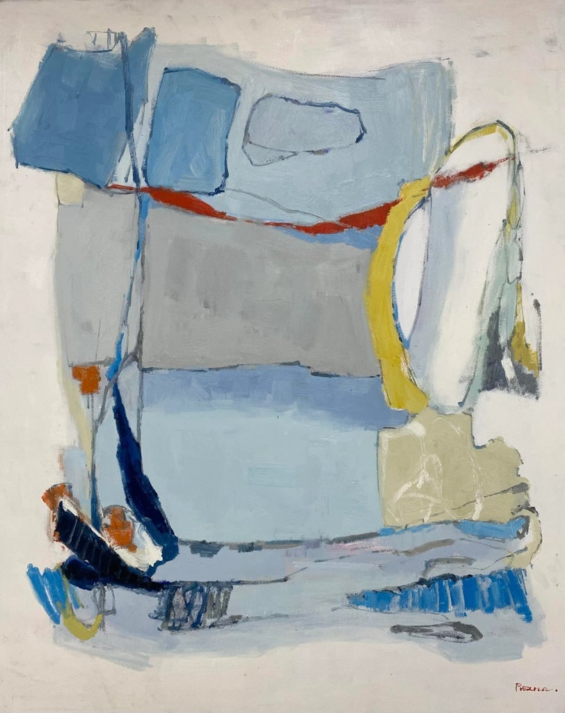 Contemporary Abstract Original Oil Painting: A refined and expressive original oil painting on canvas featuring soft geometric forms and layered textures in cool hues of sky blue, slate gray, ivory, and touches of ochre and rust. Loose outlines