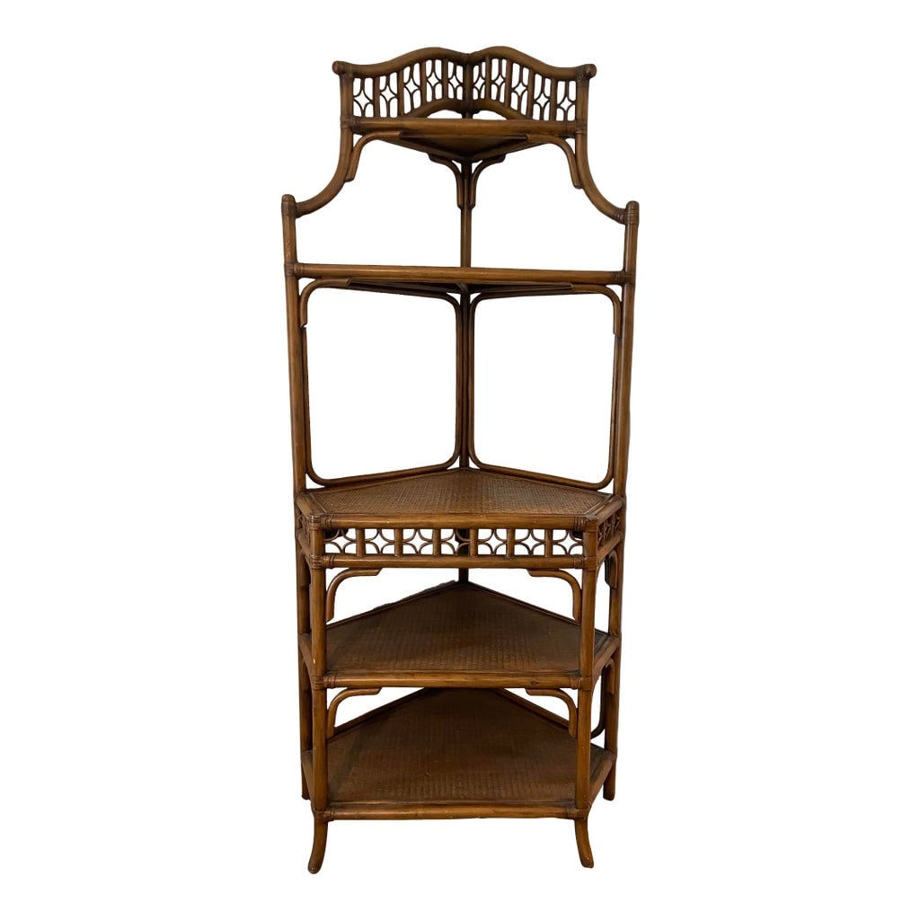 Vintage Rattan and Wicker Five Tier Pagoda Etagere With Fretwork: A beautifully detailed vintage rattan and bamboo corner etagere, featuring an elegant pagoda-inspired silhouette and intricate open fretwork. The warm honey-brown finish highlights the natural