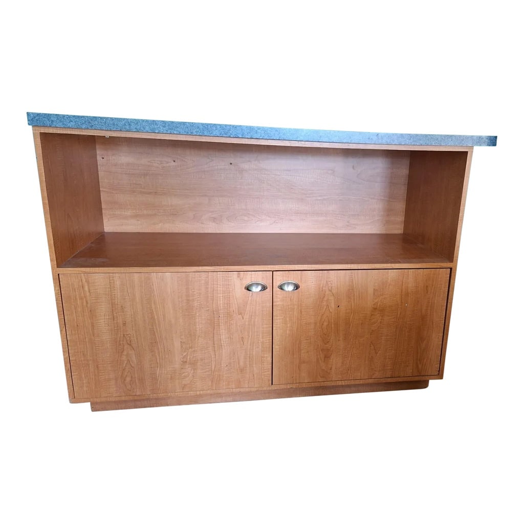Modern Storage Cabinet or Dry Bar: It will hold everything! Large storage cabinet with open shelving and closed cabinets too. Could use as a dry bar if you wanted. Beautiful light colored wood with patterned grey surface top. Two