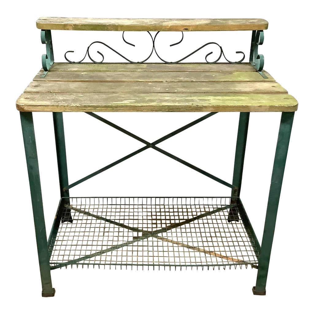 Potting Garden Table Wood Iron Metal Grate Bottom Scrolled Iron Vintage Garden: 36" length by 32" tall to main work area, add another 7" to top of tiered section, depth is 20.5". 27" height from bottom iron section to underside of table. It's killing me not to keep this! It's