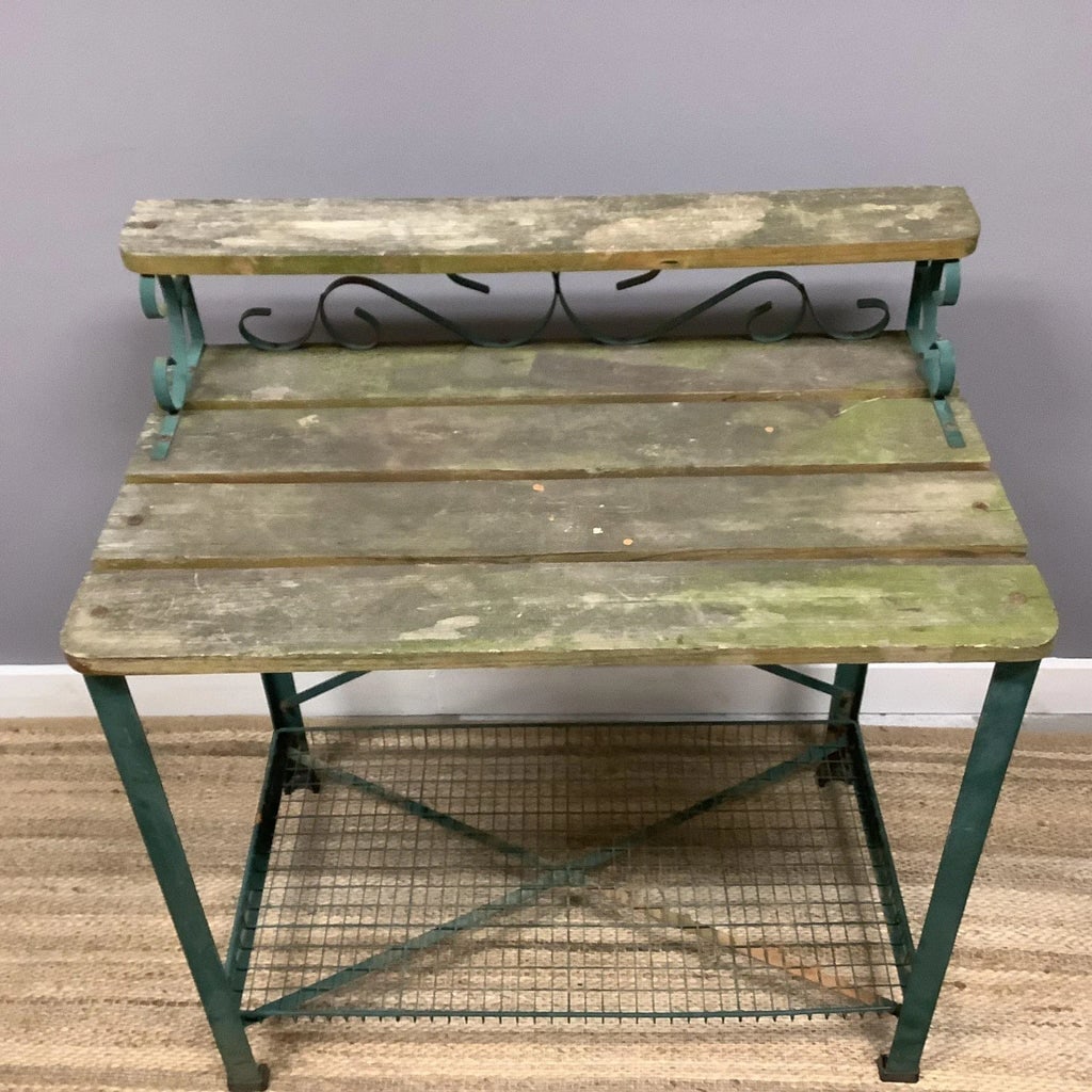 Potting Garden Table Wood Iron Metal Grate Bottom Scrolled Iron Vintage Garden - 2